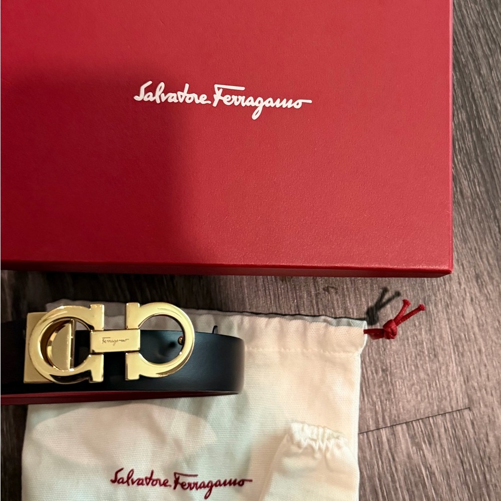 Salvatore Ferragamo Black Leather Belt with Gold Gancini Buckle